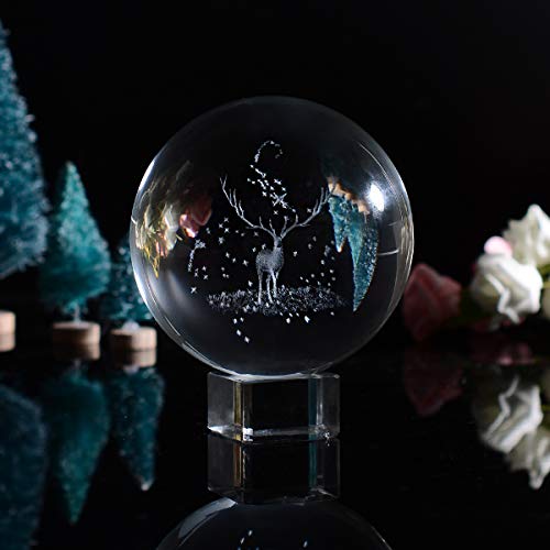 3D Elk Crystal Ball Paperweight -LONGWIN 3.1 Inch Laser Engraved Glass Sphere Display Globe Meditation Ball Home Decor with Crystal Stand Decoration Ornaments - Thumbnail 4