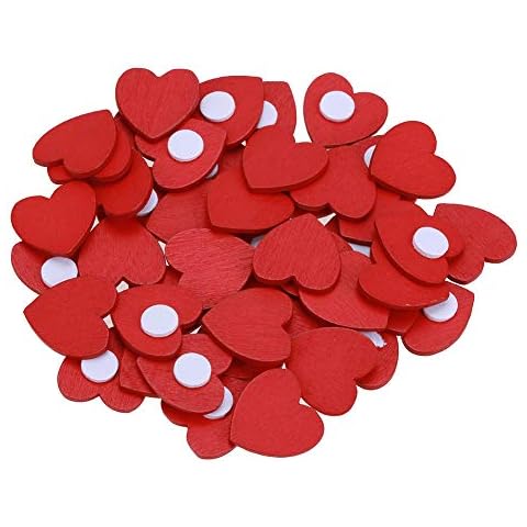 Prosperveil 100Pcs Wooden Red Heart Shapes Craft Self Adhesive Wood Hearts Embellishments Rustic Wedding Confetti Favour DIY Crafts Christmas Decorations Cover