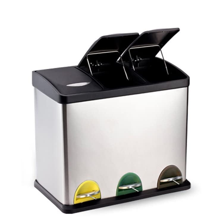 Trash Cans Bins 3 In 1 Foot Pedal Triple Waste Bins Dustbins Garbage Storage Bin with 3 Compartments Separate Waste Easy Recycling Wheelie Bin 24L-image-8