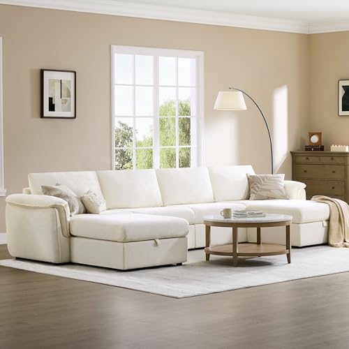 Image of CHITA Extra Large Sectional Couches for Living Room, Cloud Modular Sectional Sofa with Chaise, Ottoman with Storage, 4 Seater U Shaped Sectional Couch, Chenille in Cream
