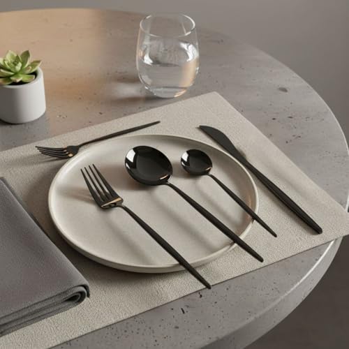 Image of Slim Handle Black 20 Pcs Stainless Steel Cutlery Set for Dining Table, Dishwasher Safe Glossy Flatware (4 Spoon Set+4 Forks Set+4 Butter Knife+4 Dessert Spoon+ 4 Fruit Fork)