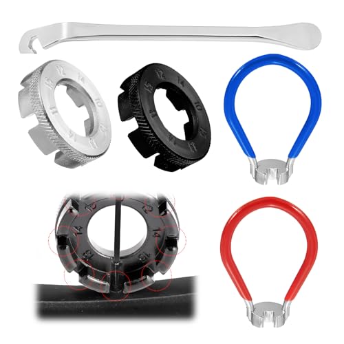 Funver Universal Bicycle Spoke Wrench Set, 5PCS Portable Spoke Tool with Tire Lever & Rim Correct Kit, High-Strength Steel Wheel Tension Adjust Tool for 10-15 Gauge Cycling Wheel Repair and Maintenanc