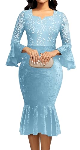 Image of Midi Lace Dress for Women Bodycon Dress Church Cocktail Party Clothes | Square Neck,Lace Bell Sleeve,Velvet Look,Mermaid Hem,Midi Dresses,Cocktail Party,Wedding Guest Party,Formal Event Outftis