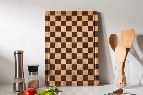 Image of THETCHRY Cutting Boards for Kitchen, Checkered Cutting Board Upgraded, Acacia Wood Chopping Board with Juice Grooves & Handles, Large Butcher Block Serving Tray with Gift Box, 17 inchX12 inchX0.8 inch