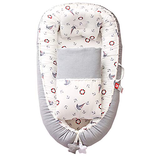 ABREEZE Baby Lounger Baby Nest Co-Sleeping Newborn Lounger Comforter Cotton Adjustable for Crib & Bassinet Mattress Machine Washable Cushion Portable Infant Bed Great as Newborn Shower Gift (Sailboat)