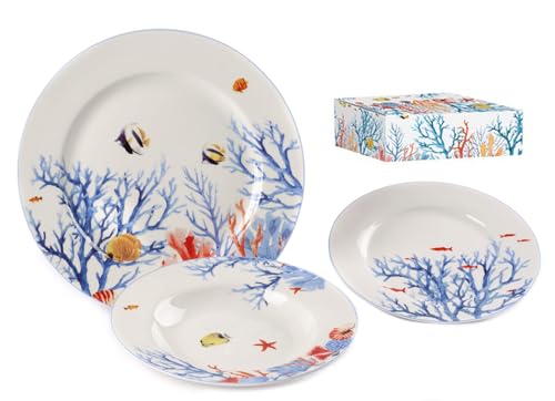 Nàvel Lot de 18 assiettes de plage Thème marin Collection Ocean Ø 21,5 cm, Ø 20,4 cm et Ø 26,5 cm Boîte lithographiée