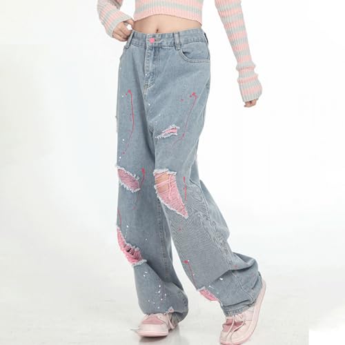 Harajuku Y2K Kawaii Goth Fashion Casual Loose Wide Leg Vintage Pink Ripped Distressed Jeans Pants for Women3