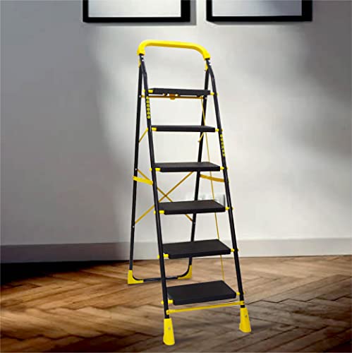 TRENDY Cameo 6 Step Heavy Duty Foldable Metal Step Ladder with Anti-Skid Shoes and Extra Strong Wide Steps (Yellow and Black)
