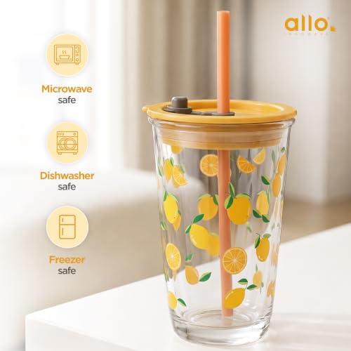 Image of Allo Reusable Glass Mug Sipper Tumbler with Straw, Unique 2 in 1 Anti Spill Lid | Microwave Safe Leakproof Glass with Anti-Slip Grip for Hot & Cold Coffee| Car, Office, Travel use | 450ml (Orange)