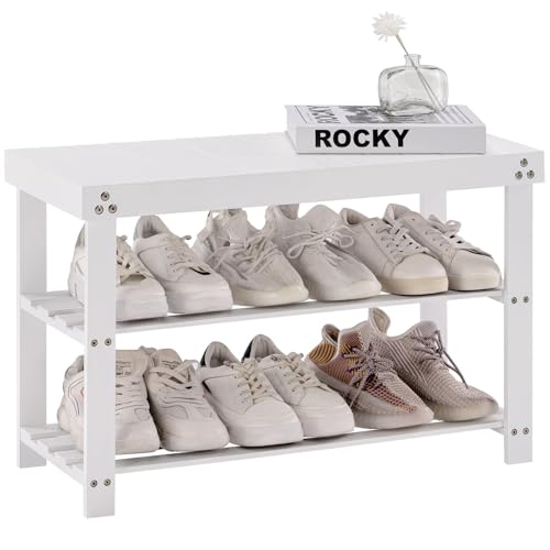 Apicizon Bamboo Shoe Rack for Entryway, 3-Tier Shoe Rack Bench for Front Indoor Entrance, Small Shoe...