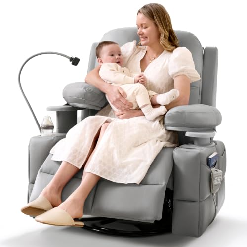 Image of MAMAZING Lullapod Power Nursery Rocking Chair with HugAssist Armrest | Triple Motor Power Nursing Recliner with 270 Swivel Glider & Quiet Rocking, Dual Charging Ports & Built-In Storage