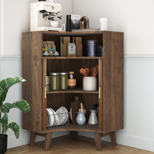Image of Fluted Corner Cabinet with Open Storage, Modern Floor Cabinets with Sliding Doors and 2-Tier Shelves, Freestanding Narrow Organizer for Small Space,Living Room, Dining Room,Walnut