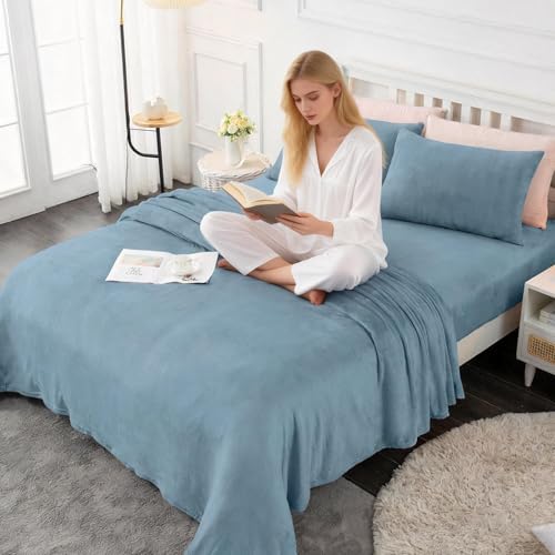 Image of Viviland Plush Micro Fleece Bed Sheet Set - Soft Fuzzy Polar Fleece Velour Velvet Sheets - Extra Warm Winter Fleece Bed Sheets with Deep Pocket - Light Blue - King | Soft Flannel-like Fleece, 100% Polyester, Fluffy Velvety Feel, 200GSM, 15 inch Deep Pocket, Warm Winter Gift & Decor