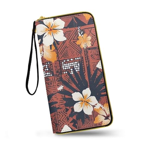 Hawaii Totem Flowers PU Leather Ladies Wallet Wristlet, Tropical Hawaiian Tiki Art Zip Around Wallets for Women, Brown Large Capacity Card Holder Organizer
