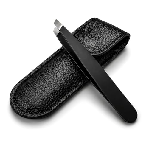 Black Tweezers for Eyebrows with Case Precision Stainless Steel Slant Tip Tweezer for Facial Hair Removal Eyelash Extension & Ingrown Hair | Professional Eyebrow Plucker for Men & Women Twizzer