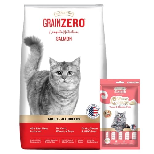 Image of Grain Zero Adult Dry Cat Food 1.2kg + 75g Creamy Treat (Free) | Salmon | 48% Fresh Fish Inclusion, No Grain Formula, Gluten-Free | Promotes Healthy Skin & Coat | All Breeds