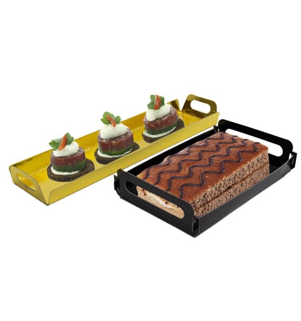 100 Bandeja de Cartón Rectangular con Asas, 22x28cm, Color Dorado, Bandeja para Aperitivos, Canapés, Compostables, Reciclable, Ecológica