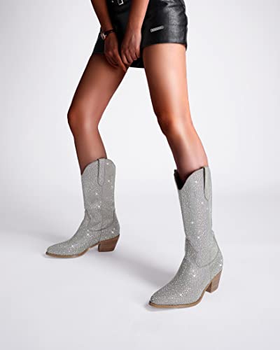 Zeniruec Women Rhinestones Cowgirl Boot Sparkly Western Boots Wide Mid Calf Boots Chunky Block Low Heel Pull On #TOP2