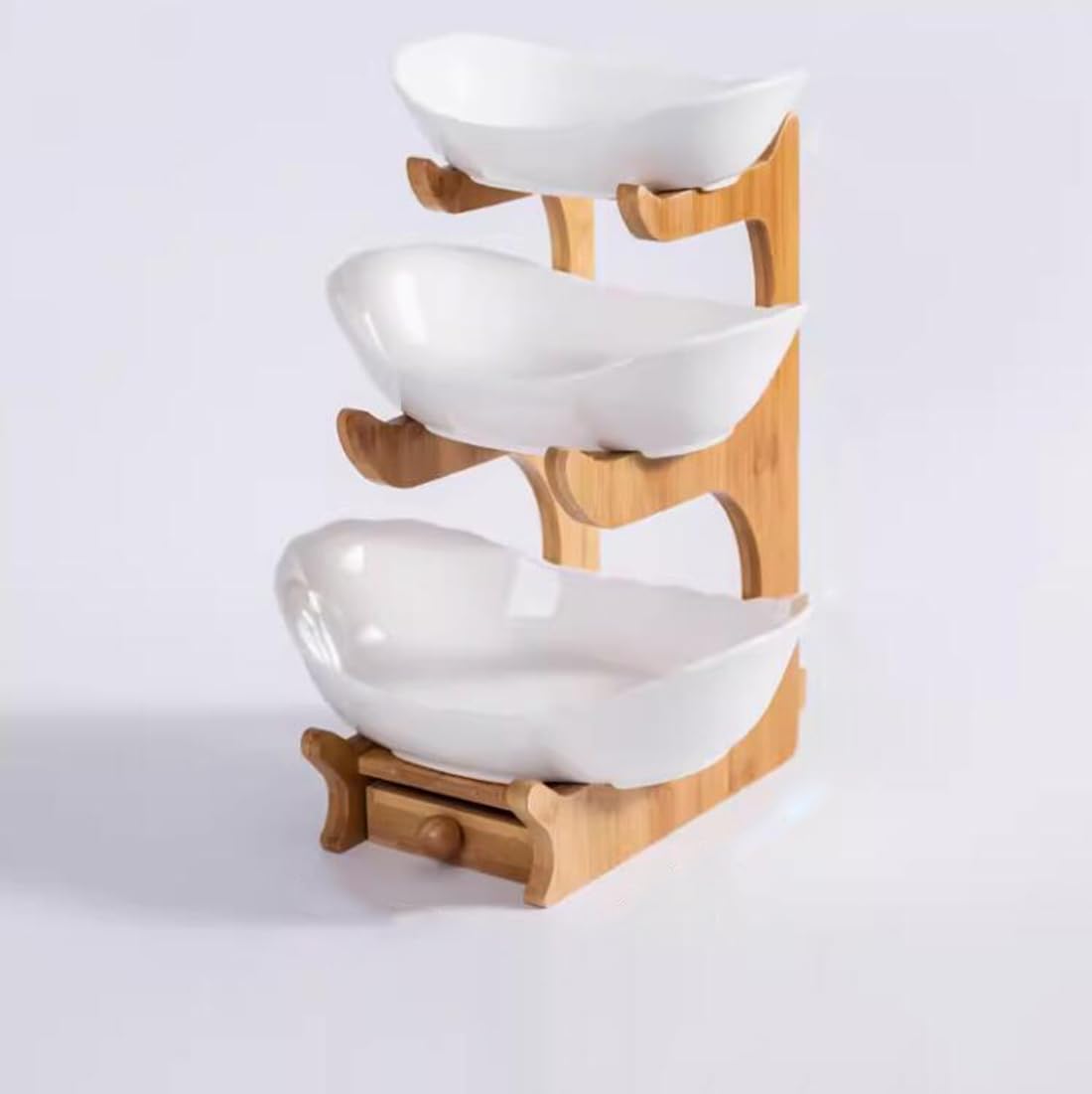 3-poziomowy kosz na owoce – zestaw ceramicznych tacek do serwowania z bambusowym stojakiem na owoce, warzywa, przekąski, orzechy, ciasta i desery, biała owalna miska do przechowywania
