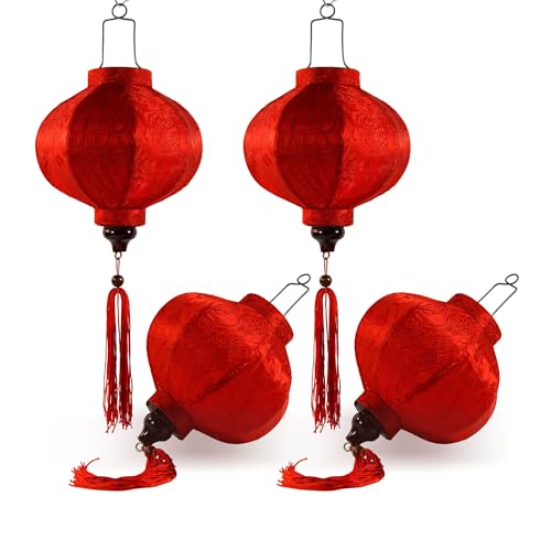 Lote de 4 pequeñas linternas asiáticas de seda roja R, diámetro Ø15 cm – Lampion de Hoi an Tradicional de tela, bambú y madera – Decoración y artesanía de Vietnam (S64-0663)