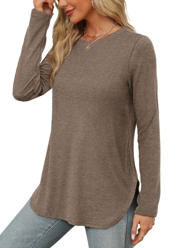 Image of XIEERDUO Womens Long Sleeve Round Neck Shirts Side Split Basic Loose Tunic Tops Casual 2026