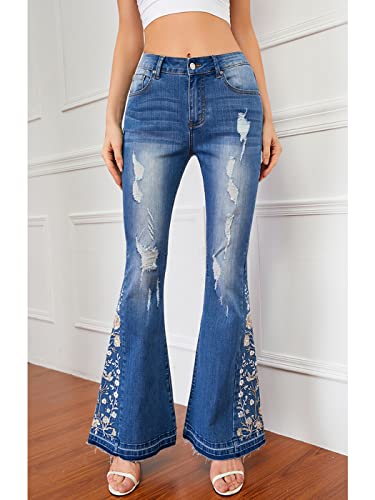Anna-Kaci Womens Floral Daisy Embroidered Mid Rise Bell Bottom Flare Frayed Hem Jeans2