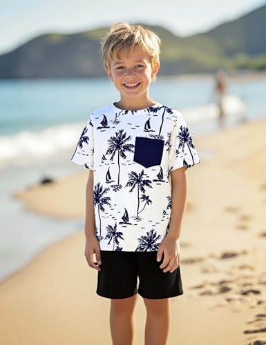 Image of GERU Boy Shorts Sets Hawaiian Outfit Kid Leaves Floral Short Sleeve Shirt Top+shorts Suits