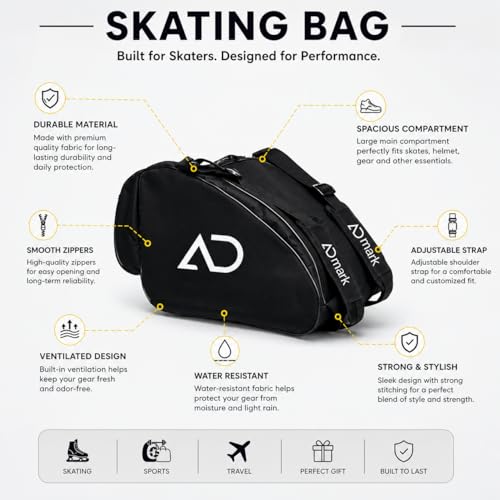 Image of ADMARK Premium Skating Bags for Style and Functionality Quad Skates, Ice, Roller Skates for Kids and Men & Women (15x12x9.5) Black Ad