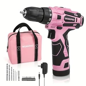 WORKPRO Pink Cordless Drill Driver Set, 12V Electric Screwdriver Driver Tool Kit, 3/8″ Keyless Chuck, Charger and Storage Bag Included – Pink Ribbon