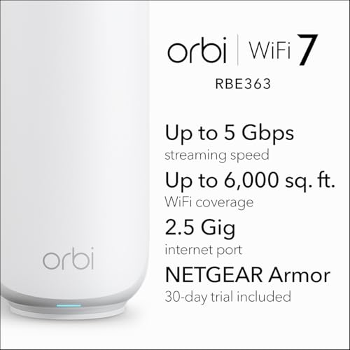 Image of NETGEAR Orbi 360 Series Dual-Band WiFi 7 Mesh Network System for Home (RBE363) - Wireless Router (no Modem) + 2 Extenders, 5 Gbps, Covers 6,000 sq.ft., 70 Devices, 2.5GB Internet Port, BE5000