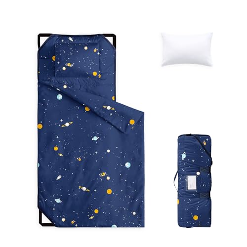 Image of Wake In Cloud - Cot Nap Mat with Pillow and Blanket, 100% Cotton Fabric, for Toddler Kids Boys Girls Ages 3 Plus in Daycare Kindergarten Preschool, Stars Space Rockets
