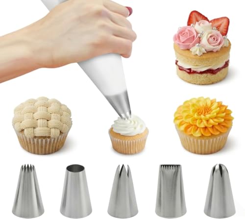 Image of Large Reusable Piping Bag Set, 40 cm Silicone Icing Bags with 5 Stainless Steel Nozzles, Cake Decorating Kit for Cream, Foam & Sugar Pastries, Non-Slip Baking Supplies for Cupcakes