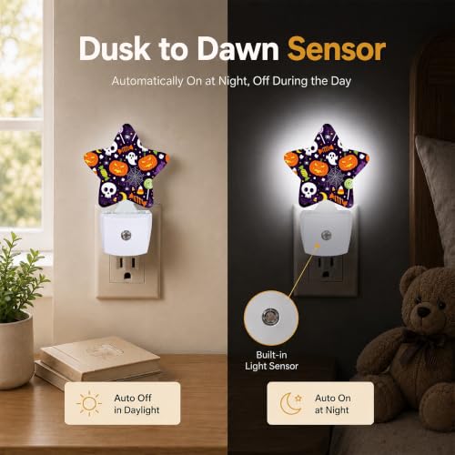 Image of Halloween Skull Star Night Light Plug in, Decorative Night Light for Kids Room Nursery Bedroom, Soft Glow Sensor Lamp for Hallway Bathroom, Compact Energy Saving