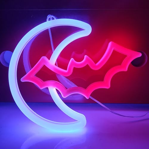 Image of JYWJ Bat Moon LED Neon Signs Desktop Wall Decoration Light | USB or Battery Powered, 3-AA Battery Option, Party Decoration, Business Decor Use, Desktop & Wall Mount