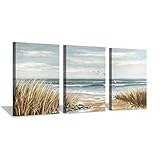 Abstract Beach Picture Wall Art: Coastal Grass Seascape Artwork Print on Canvas for Walls (12”x16”x3pcs)