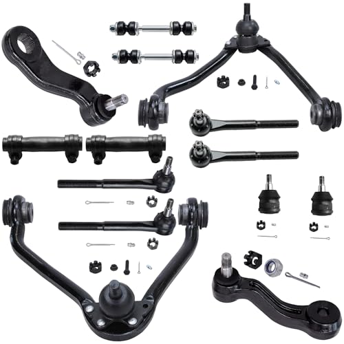 Image of Detroit Axle - Front End 14pc Suspension Kit for Chevy GMC C1500 C2500 C3500 Suburban, 2 Upper Control Arms 2 Lower Ball Joints 2 Sway Bars 4 Tie Rods 2 Sleeves 1 Idler Arm 1 Pitman Arm Replacement