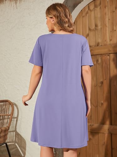 AusLook Plus Size Summer Purple Gray Dress for Women V Neck Short Sleeve Loose Fit Casual Knee Length 4X Sundress with Pockets — view 6