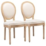 Juego de 2 sillas de comedor clásicas de estilo francés, sillas de cocina, marco de madera de caucho con acabado lacado antiguo, tela de lino, patas de madera maciza con patas antideslizantes