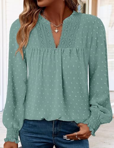 BETTE BOUTIK Women Boho Long Sleeve Shirts Dressy Casual V Neck Fall Fashion Tops Swiss Dot Flowy Blouses