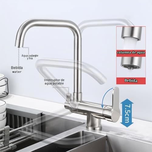 Grifo de Cocina de 3 vías, Mezclador de Cocina abatible Debajo de la Ventana, Grifo Giratorio, Agua Potable filtrada, Grifo de Cocina, Mezclador de 3 vías para Fregadero, Cepillado
