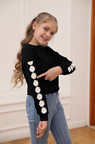 Dellytop Kids Crop Tops Girls Long Sleeve Tee Shirts Cute Daisy Pinted Fashion Sweatshirt Pullover Top Black #TOP1