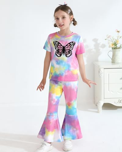 Image of CARETOO Girls Summer Outfit Poster Girl Matching Sister 2pcs Sets Printed t-Shirt + Flare Leg Pants For 3-10 Years