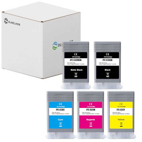 5 Pack PFI-030 Ink Cartridge Set Compatible PFI-030MBK PFI-030BK PFI-030C PFI-030M PFI-030Y Replacement for Canon imagePROGRAF TA-20 TA-30 Printer,Matte Black,Black,Cyan,Magenta,Yellow,55ml