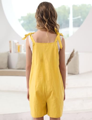 Image of Girls Romper Sleeveless Adjustable Tie-Up Strap Short Jumpsuits Summer Clothes with Pocket 5-12 years
