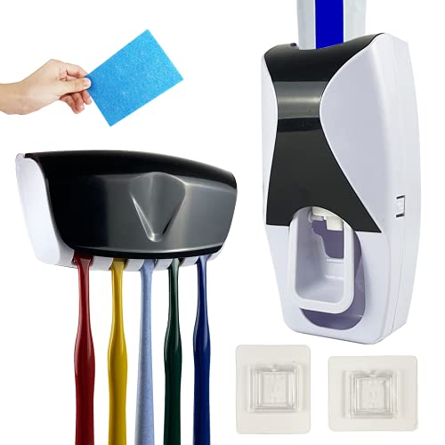 LOKiVE Wall Toothpaste Holder, Toothpaste Dispenser Wall Mounted Automatic Toothpaste Squeezer Toothbrush Holder for Family Washroom Bathroom 5 Brush Holder(Black)