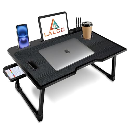 Image of Laptop Table Study Table Premium Foldable Wooden Mini Laptop Table for Bed, Smart Study Table with Drawer, Tablet/Mobile/Cup Holder for Kids & Adults <~>(COTTED~Black)