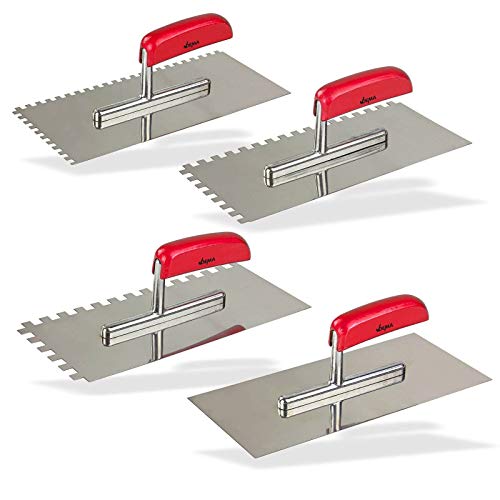 Glättkellen Set 4 Stück, 280 x 130 mm, unterschiedlich gezahnt, ungezahnt, aus Edelstahl, mit Holzgriff