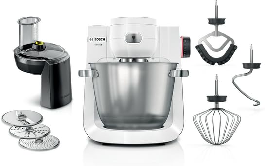 Bosch Küchenmaschine Serie 6 MUMS6EW13D, NEU, 7 Geschwindigkeitsstufen, 5,5l Schüssel, Durchlaufschnitzler, 3 Scheiben, Knethaken, Rührbesen, Silikonbesen, spülmaschinenfest, 1.600 W, silber/weiß