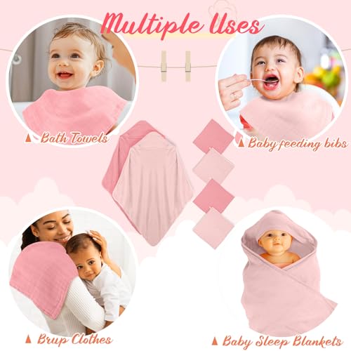 Image of Preboun 6 Pcs Muslin Hooded Baby Towels and Washcloths 32 inchx 32 inch Cotton Newborn Bath Towel Anti-Shrink Infant Baby Blankets with Hood 12 inchx 12 inch Washcloths for Girl Boy Toddler(Pink,Dark Pink)