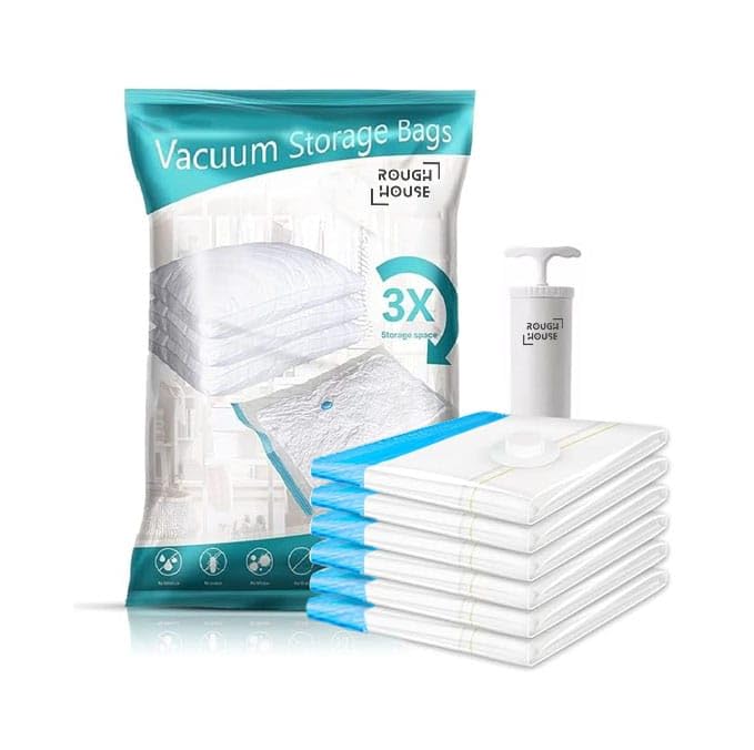 Ultra-Durable Vacuum Storage Bags Pack of 5[2 Small, 2 Medium, 1 Large] Space Saver for Clothes and More- Airtight, Reusable Compression Bags with Double-Zip Seal, Free Pump